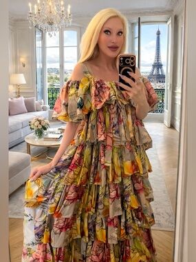 LUXE Tiered Ruffle Multi Colored Floral Statement Dress w/Smocked Bust & Tie!